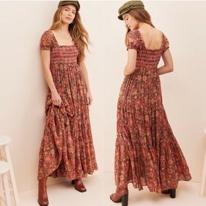 FREE PEOPLE Black Floral Getaway Smocked Maxi Dress New Small